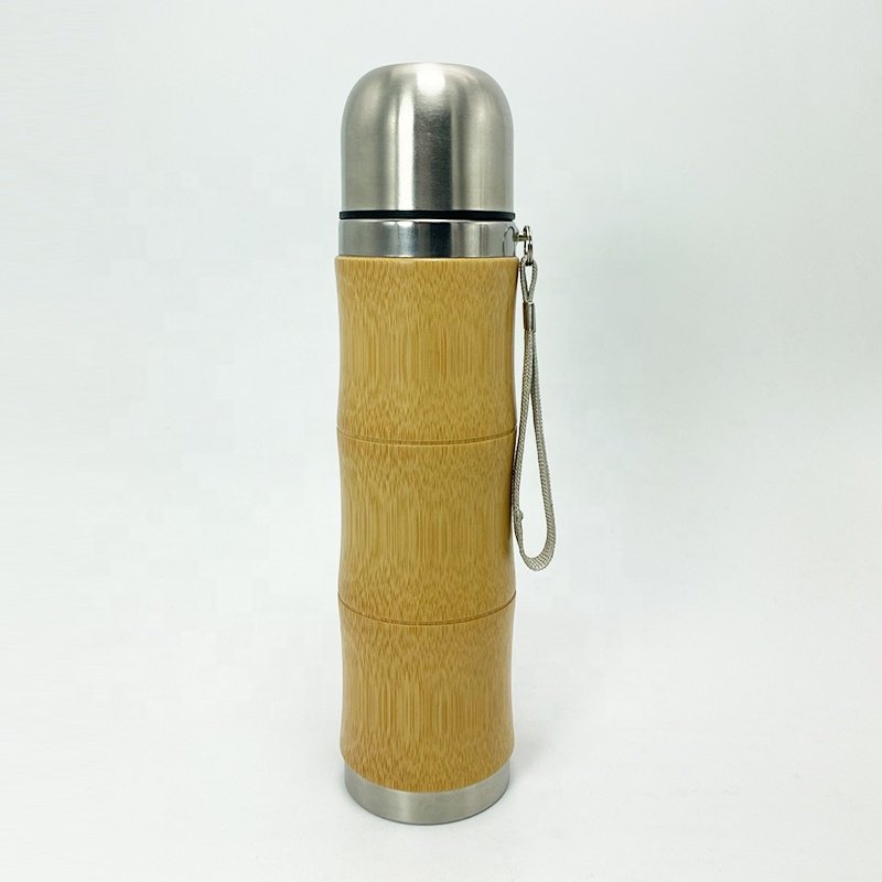 Eco friendly custom logo bamboo flask thermo insulated stainless steel vacuum bamboo water bottle