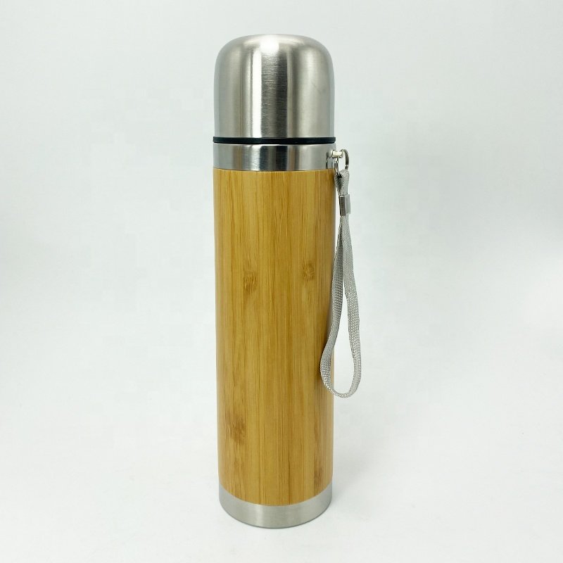 Eco friendly custom logo bamboo flask thermo insulated stainless steel vacuum bamboo water bottle