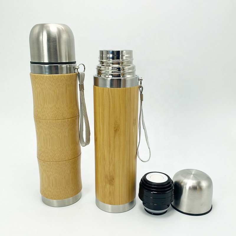 Eco friendly custom logo bamboo flask thermo insulated stainless steel vacuum bamboo water bottle