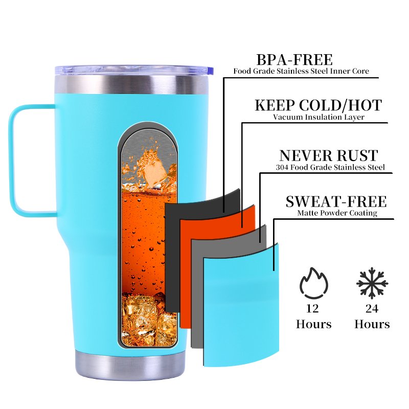 Customized 20oz Double Wall Powder Coated 304 Stainless Steel Insulated Thermal Cup Travel Tumble Coffee Mug with Handle Lid