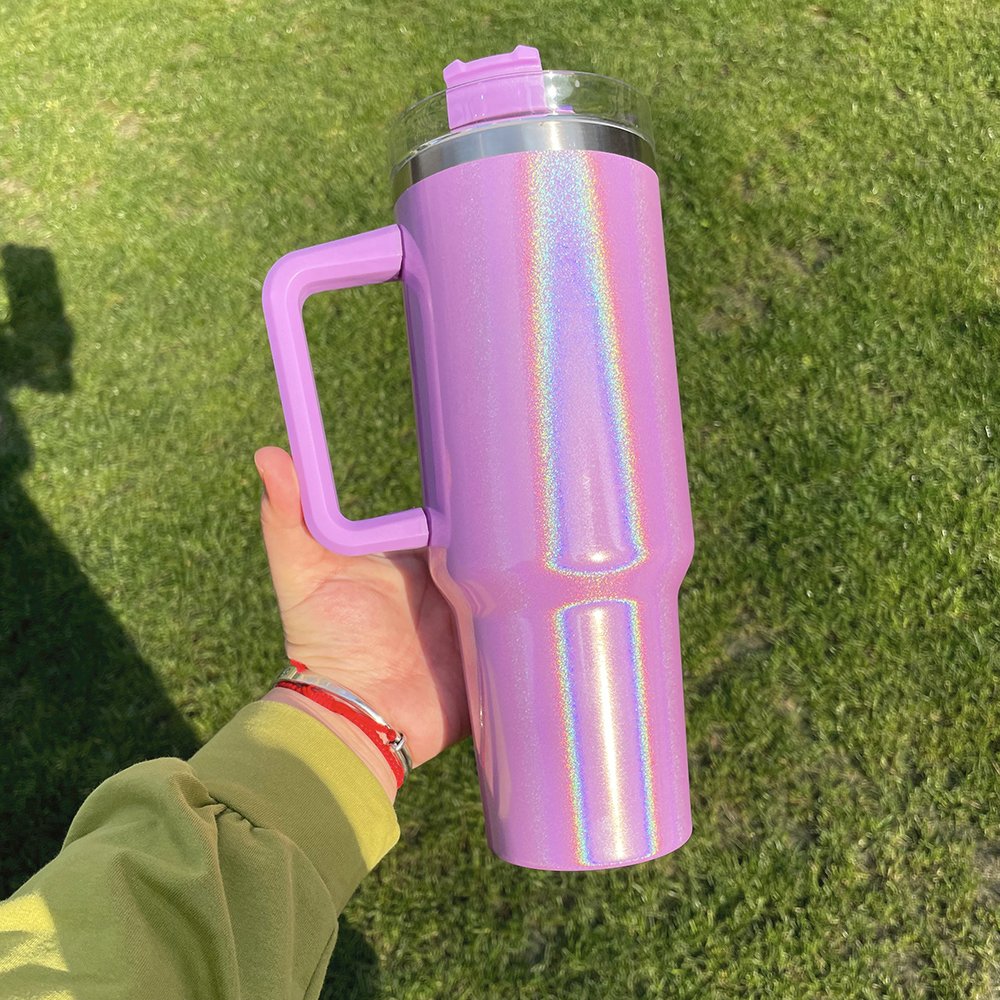 Sublimation Blanks 40oz Tumbler With Handle Rainbow Shimmer Glitter Sublimation Tumbler Travel Mug With Removable Handle