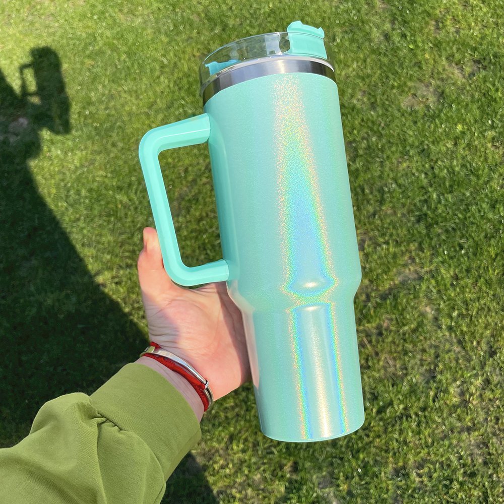 Sublimation Blanks 40oz Tumbler With Handle Rainbow Shimmer Glitter Sublimation Tumbler Travel Mug With Removable Handle
