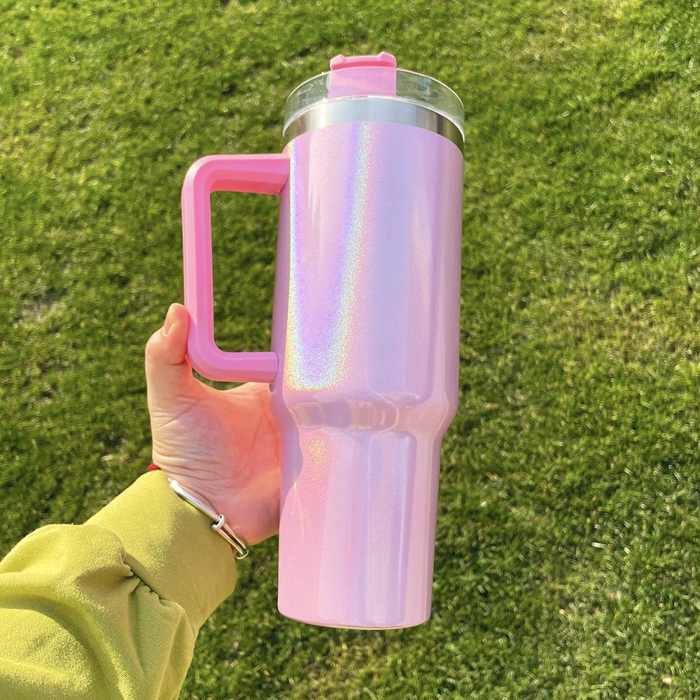 Sublimation Blanks 40oz Tumbler With Handle Rainbow Shimmer Glitter Sublimation Tumbler Travel Mug With Removable Handle