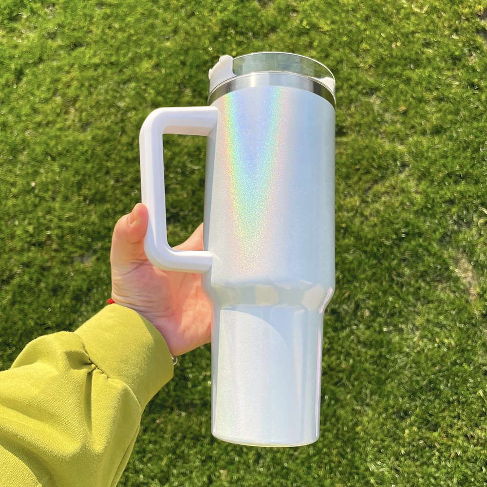 Sublimation Blanks 40oz Tumbler With Handle Rainbow Shimmer Glitter Sublimation Tumbler Travel Mug With Removable Handle