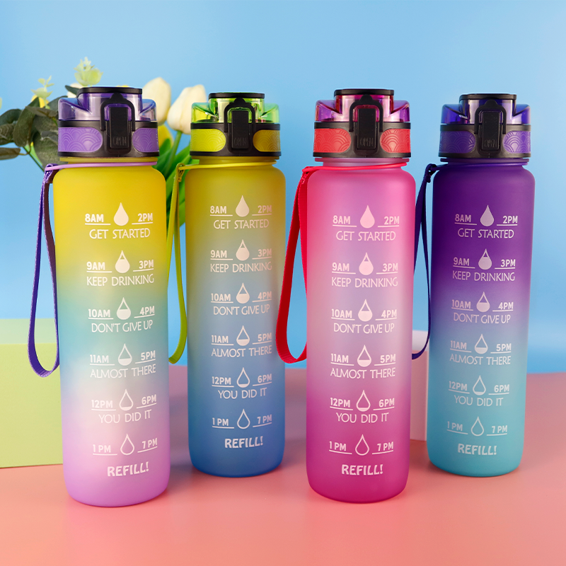 Water Bottle with Time Marker Stylish Leakproof BPA Free Motivational Courage Water Bottle for Sport and Fitness, 32 Oz / 1 L