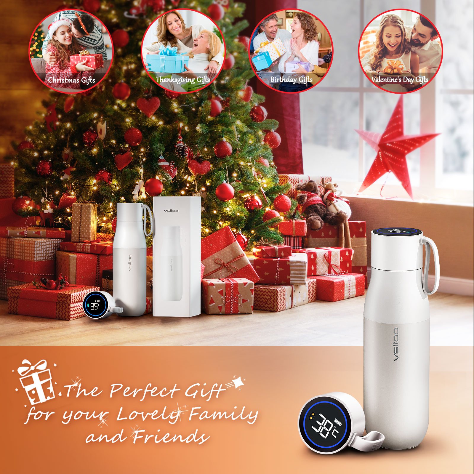 Customize Vsitoo Logo UV Vacuum Flask Thermos Led App Control Smart Water Bottle Thermo Bottle with Temperature heating tumblers