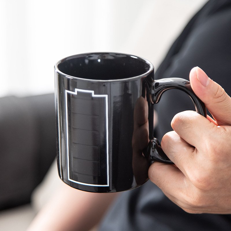 Funny Magic Ceramic Cup 12oz Black Ceramic Coffee Milk Tea Mug Custom Sublimation Battery Color Changing Coffee Mug