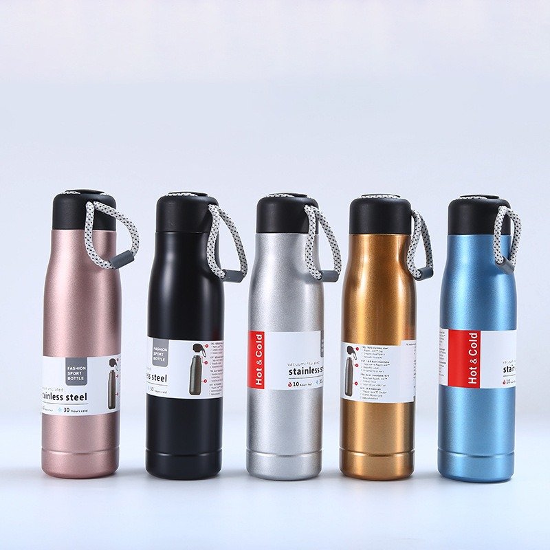 Fashionable Double Wall Insulated Vacuum Flask Leakage-proof Stainless Steel Outdoor Water Bottles With Lifting Rope