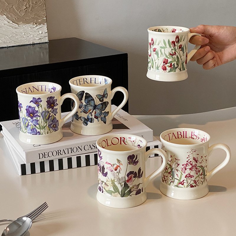 2024 New Creative Pastoral Style Colored Flower Ceramic Large Capacity Mug Breakfast Milk Cup