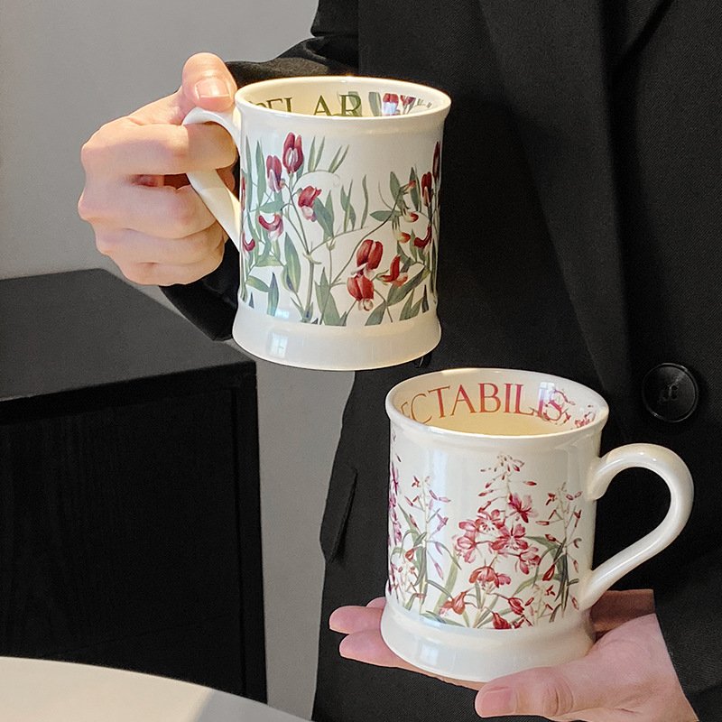 2024 New Creative Pastoral Style Colored Flower Ceramic Large Capacity Mug Breakfast Milk Cup
