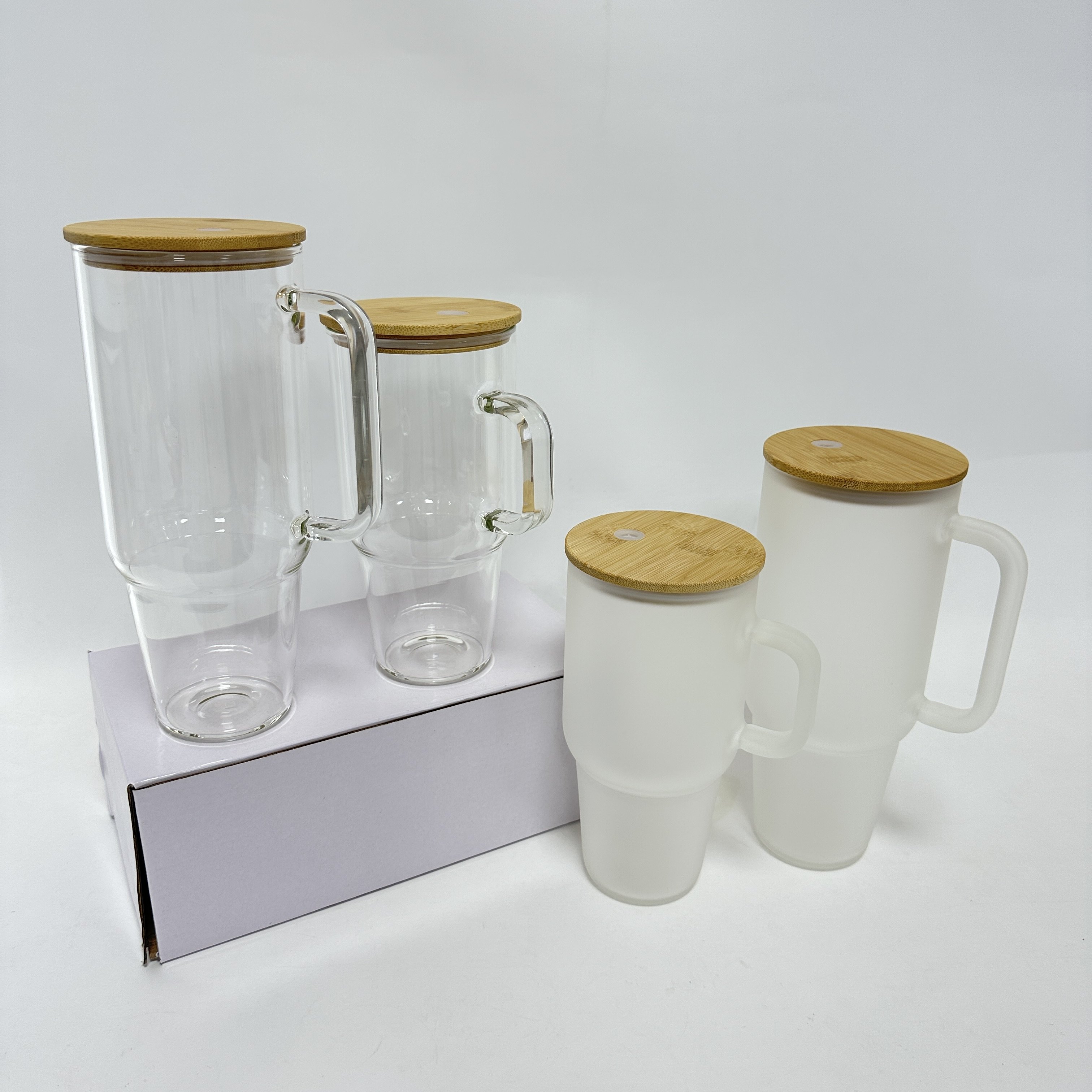 New arrival clear frosted 32oz 40oz sublimation Glass Tumbler with Handle reusable glass mug cup with bamboo lid and straw