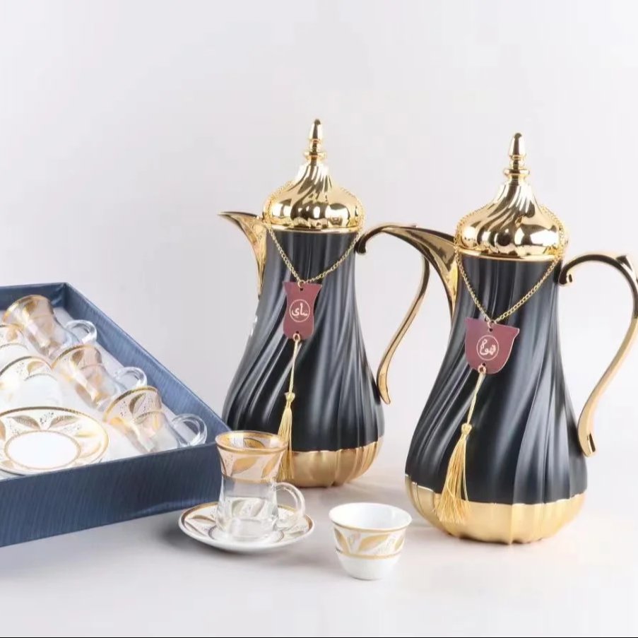 1000ML Double Walled Thermos Insulated flask Vacuum Teapot 120ml glass cup Relife plate 75ML Cawa cups Gold Lid For Ramadan