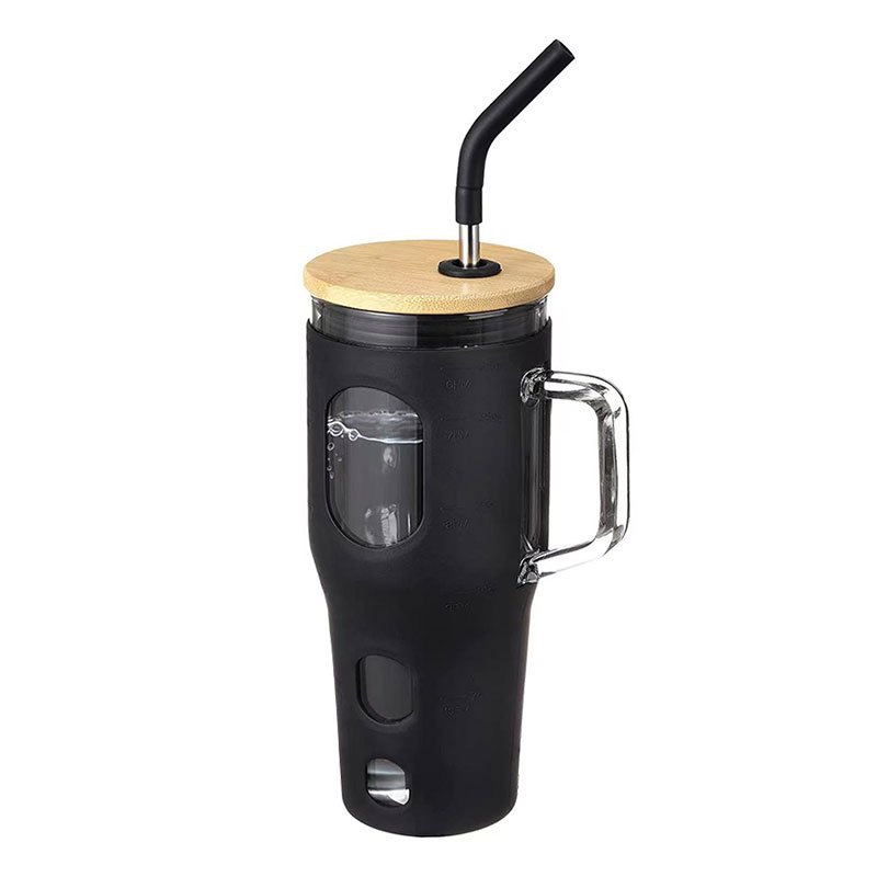 JM-K 2023 New Style 32Oz Borosilicate Glass Mug With Time Marker Glass Tumbler With Bamboo Lid And Straw