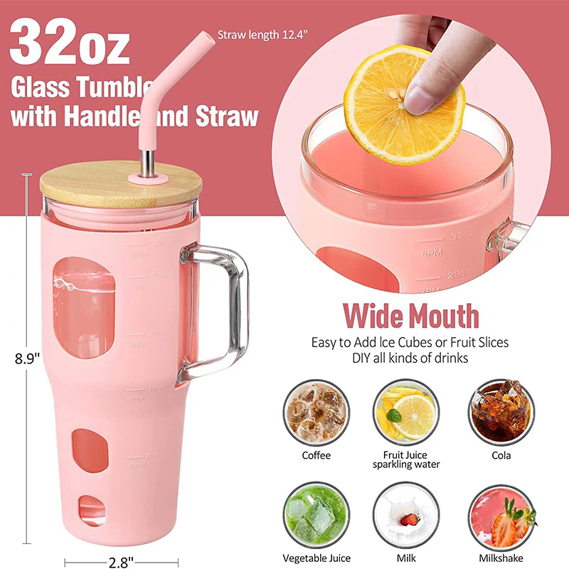 JM-K 2023 New Style 32Oz Borosilicate Glass Mug With Time Marker Glass Tumbler With Bamboo Lid And Straw
