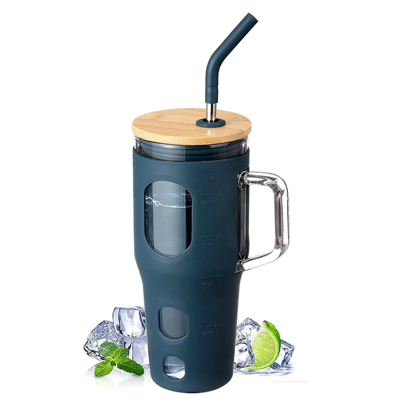 JM-K 2023 New Style 32Oz Borosilicate Glass Mug With Time Marker Glass Tumbler With Bamboo Lid And Straw