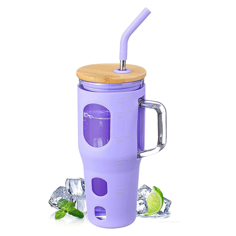 JM-K 2023 New Style 32Oz Borosilicate Glass Mug With Time Marker Glass Tumbler With Bamboo Lid And Straw