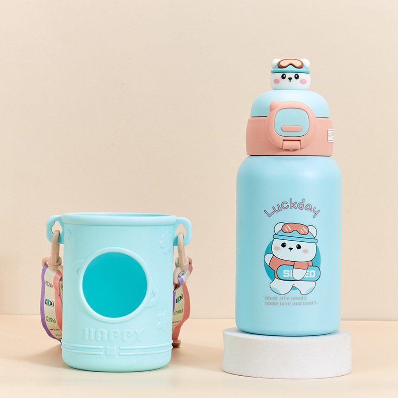 Cute Kids 500ml Children's Thermos Water Bottle Stainless Steel Vacuum Flask With Silicone Case Straw And Strap