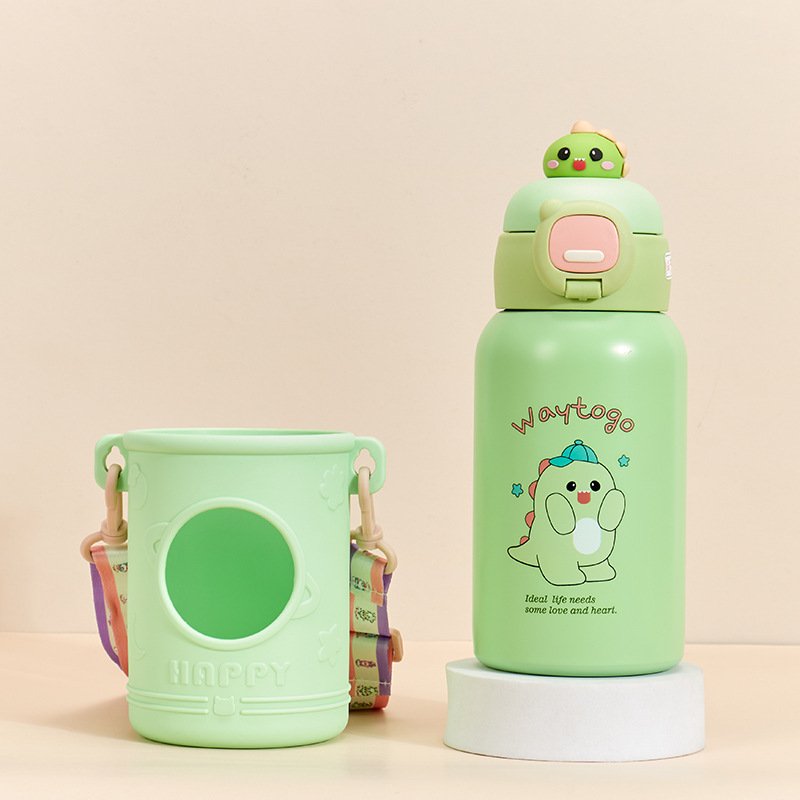 Cute Kids 500ml Children's Thermos Water Bottle Stainless Steel Vacuum Flask With Silicone Case Straw And Strap