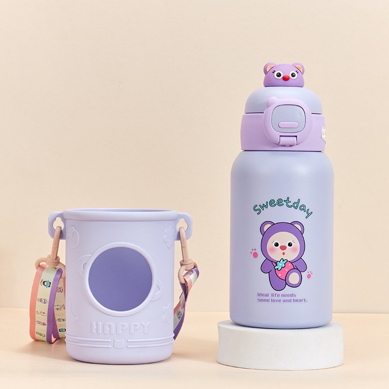 Cute Kids 500ml Children's Thermos Water Bottle Stainless Steel Vacuum Flask With Silicone Case Straw And Strap