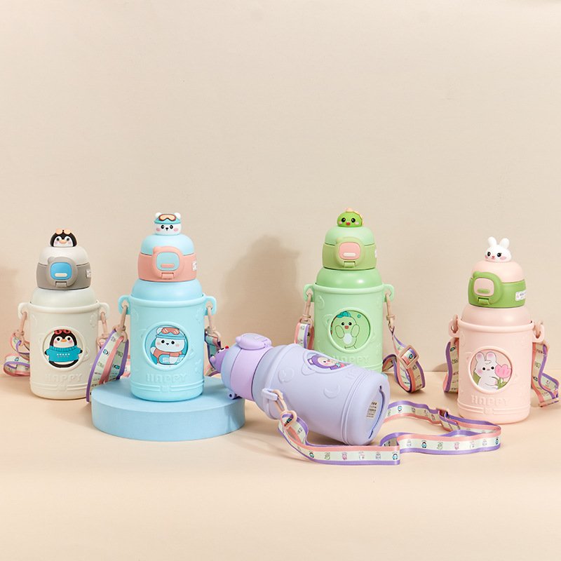 Cute Kids 500ml Children's Thermos Water Bottle Stainless Steel Vacuum Flask With Silicone Case Straw And Strap