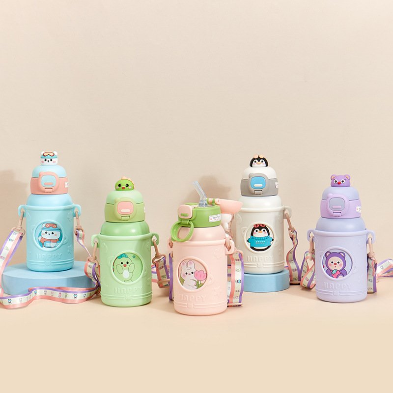 Cute Kids 500ml Children's Thermos Water Bottle Stainless Steel Vacuum Flask With Silicone Case Straw And Strap