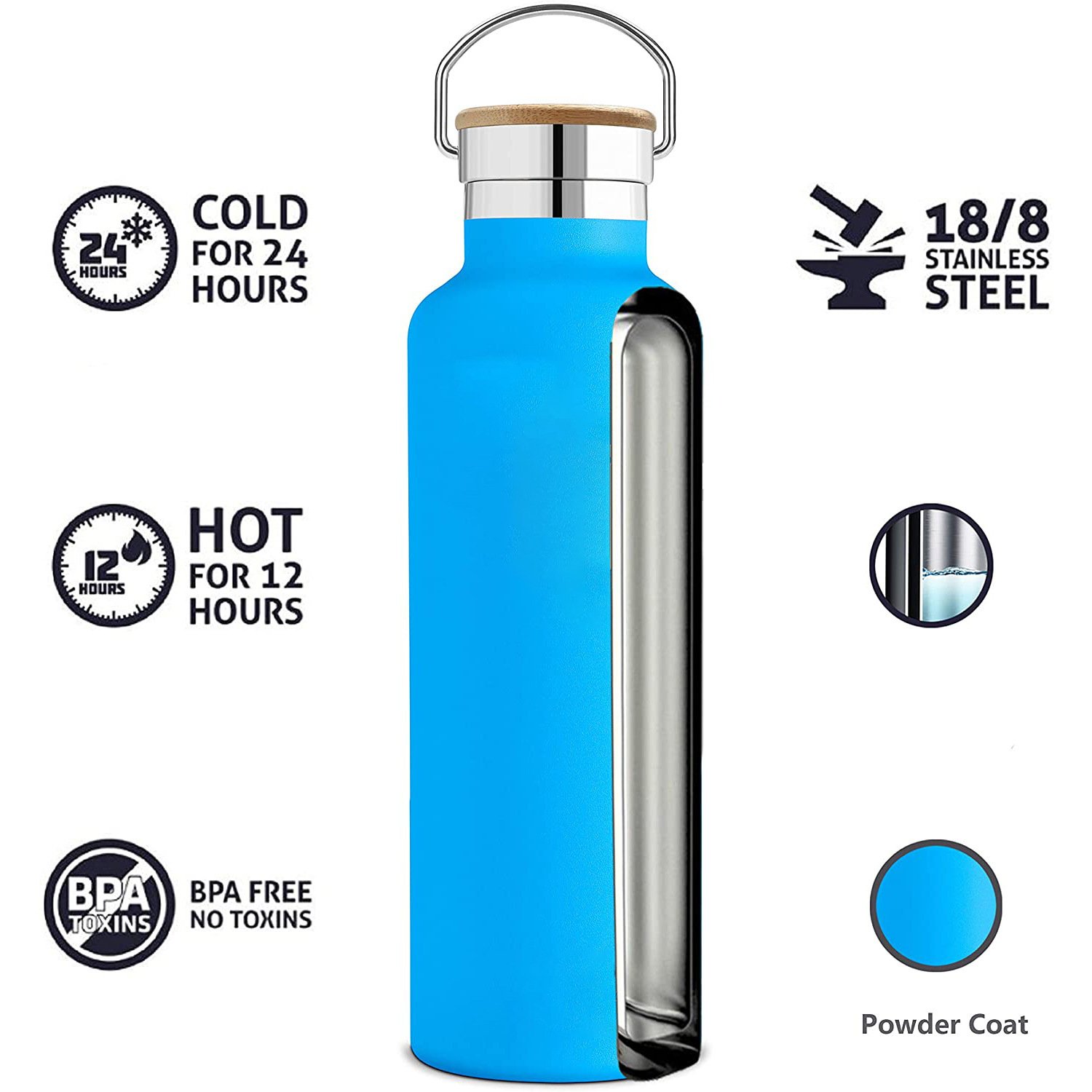 Hot Sale 600ml 21oz Outdoor Thermal Double Wall Insulated Stainless Steel Vacuum Flask with Bamboo Lid
