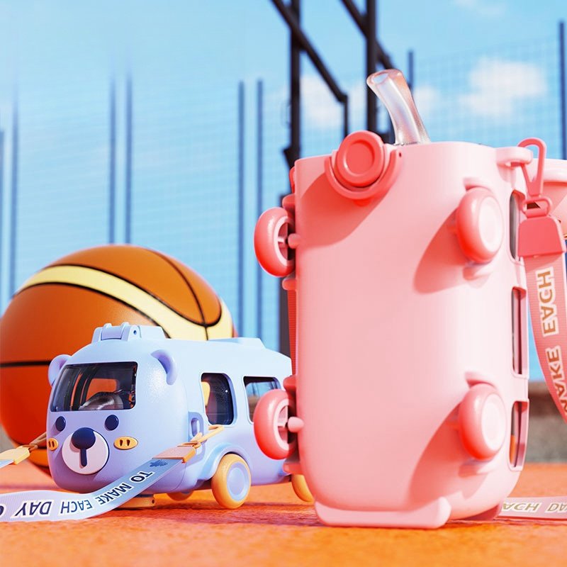 New Cute Children's Bus Cup Portable Straw Kids Water Bottle for Outdoor Activities Bus Cute Water Bottle