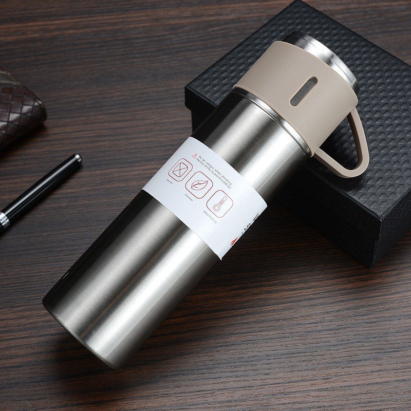 Wholesale Hot Thermos Stainless Steel Vacuum Flask Water Bottles Flask Gift Set With 3 Steel Cups And Press Button