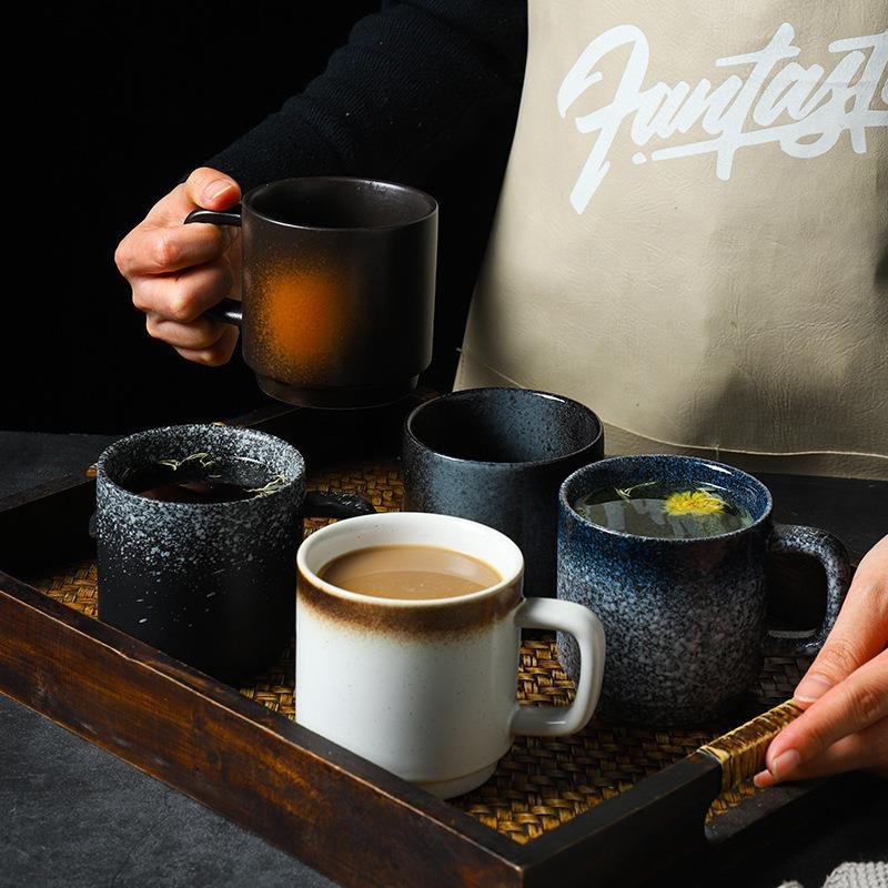 Vintage Coffee Ceramic Cup with Handle Japandi Hand Under Glaze Hand-painted Cappuccino Cup Coffee Tea Water Mugs for Restaurant