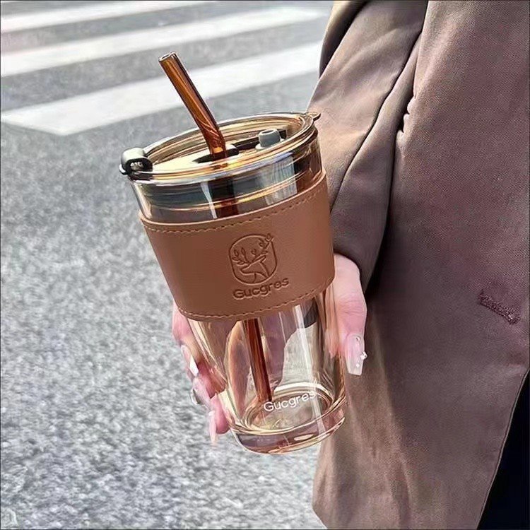 New Coffee Cup 450ml Stripe Silicone Sleeve Glass Straw Water Cups Reusable Travel Coffee Mug With Lid and straw