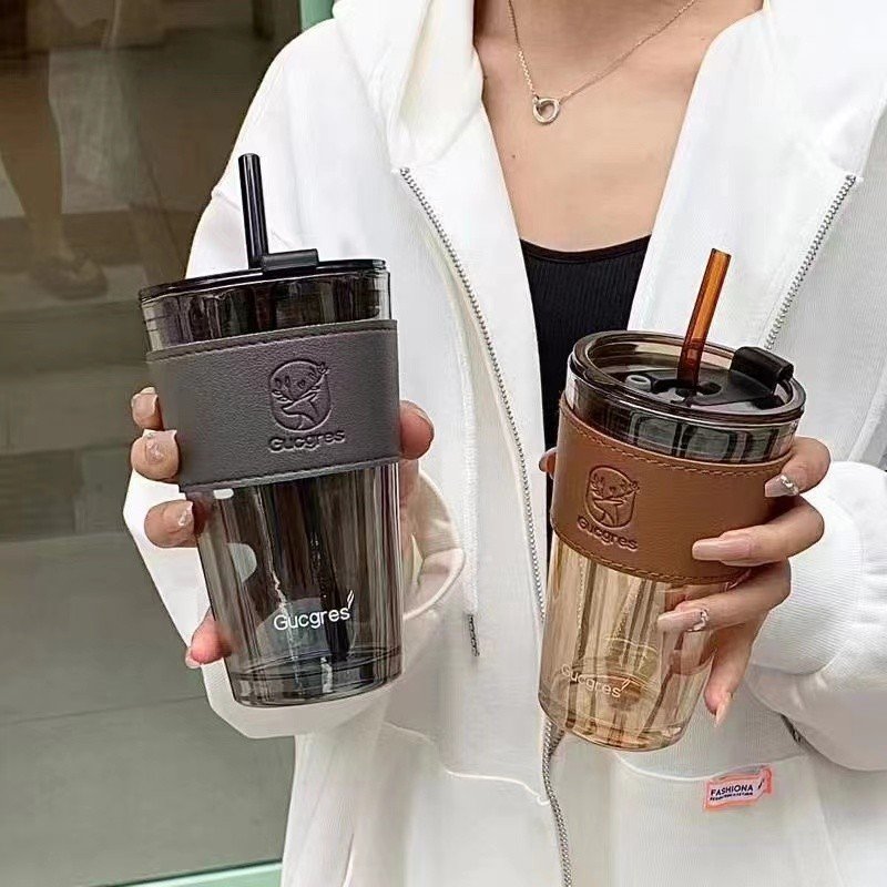 New Coffee Cup 450ml Stripe Silicone Sleeve Glass Straw Water Cups Reusable Travel Coffee Mug With Lid and straw