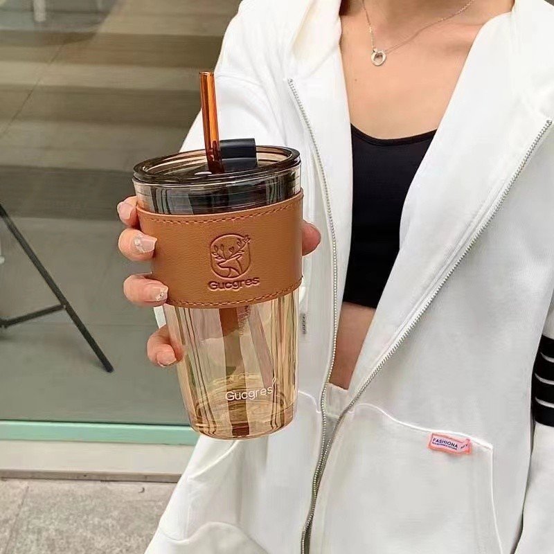 New Coffee Cup 450ml Stripe Silicone Sleeve Glass Straw Water Cups Reusable Travel Coffee Mug With Lid and straw