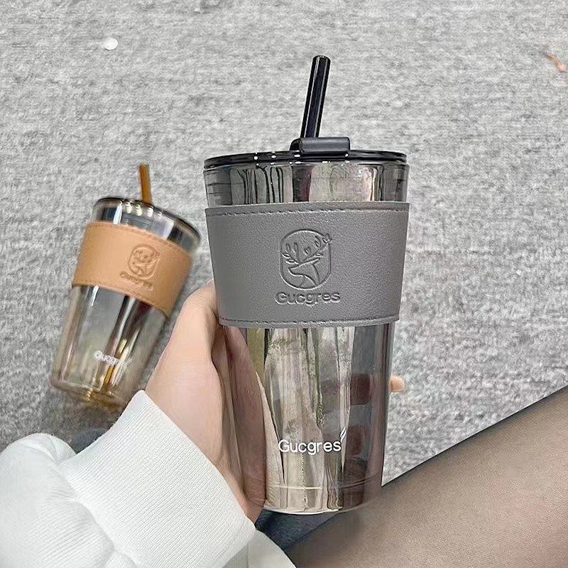 New Coffee Cup 450ml Stripe Silicone Sleeve Glass Straw Water Cups Reusable Travel Coffee Mug With Lid and straw