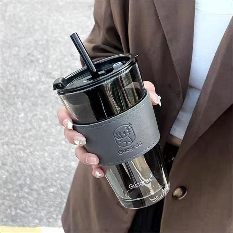 New Coffee Cup 450ml Stripe Silicone Sleeve Glass Straw Water Cups Reusable Travel Coffee Mug With Lid and straw