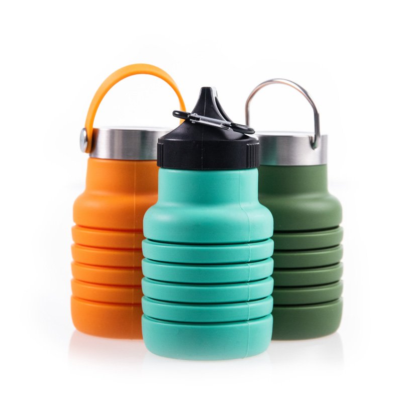 Various design plastic stainless steel lid juicer milk collapsible foldable silicone water bottle