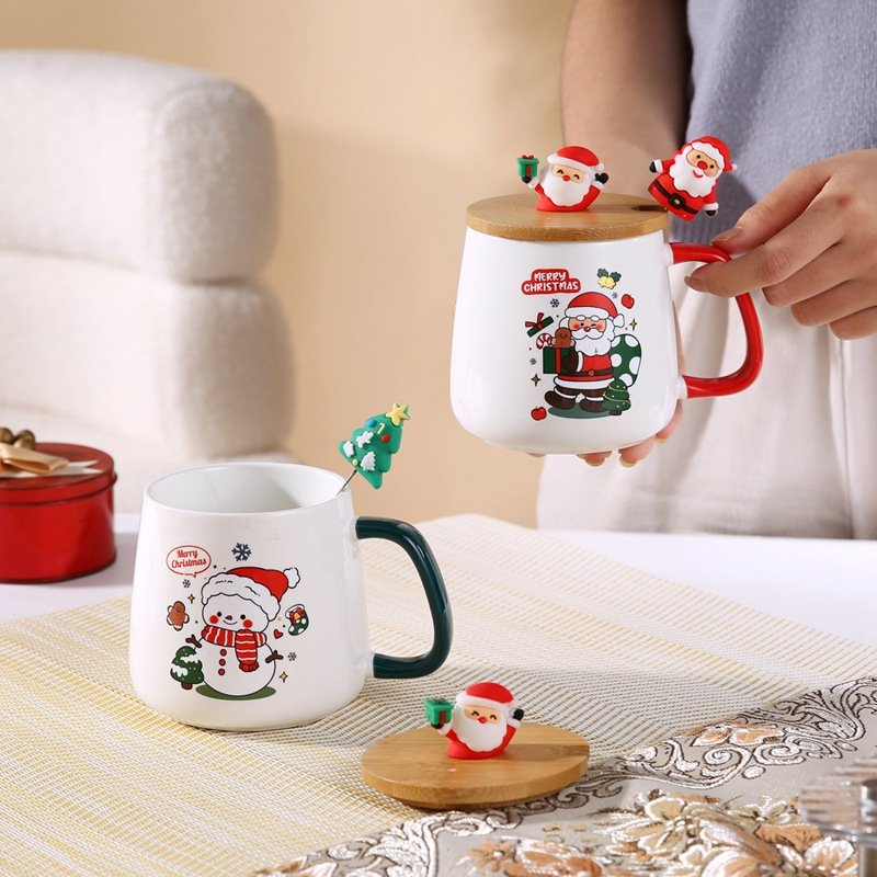 Cartoon 400ml kids santa calus Xmas mug porcelain coffee milk cups Merry Christmas mug gift set with lid and spoon