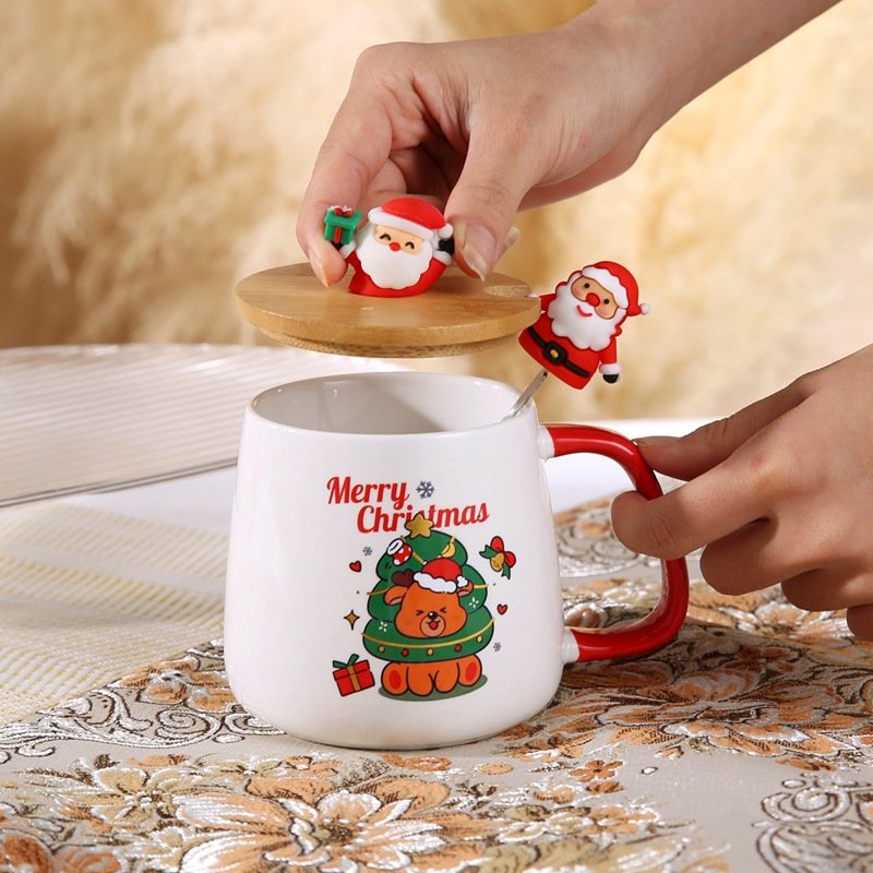Cartoon 400ml kids santa calus Xmas mug porcelain coffee milk cups Merry Christmas mug gift set with lid and spoon