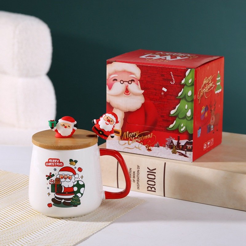 Cartoon 400ml kids santa calus Xmas mug porcelain coffee milk cups Merry Christmas mug gift set with lid and spoon