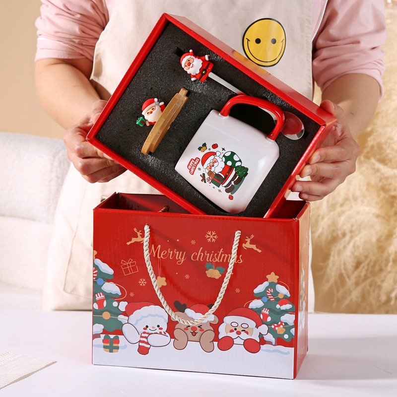 Cartoon 400ml kids santa calus Xmas mug porcelain coffee milk cups Merry Christmas mug gift set with lid and spoon