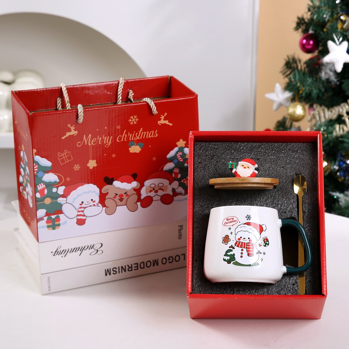 Cartoon 400ml kids santa calus Xmas mug porcelain coffee milk cups Merry Christmas mug gift set with lid and spoon