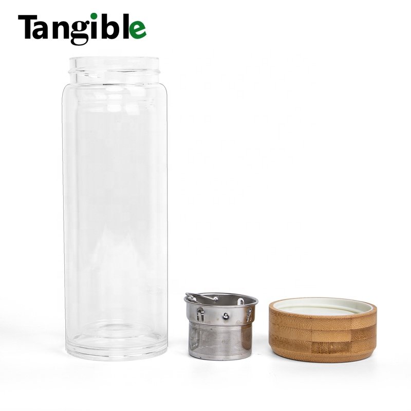 New Arrival 17 oz 500ml bamboo lid High boron glass Transparent insulated cups thermos vacuum flasks vacuum bottle thermos tea