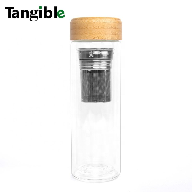 New Arrival 17 oz 500ml bamboo lid High boron glass Transparent insulated cups thermos vacuum flasks vacuum bottle thermos tea