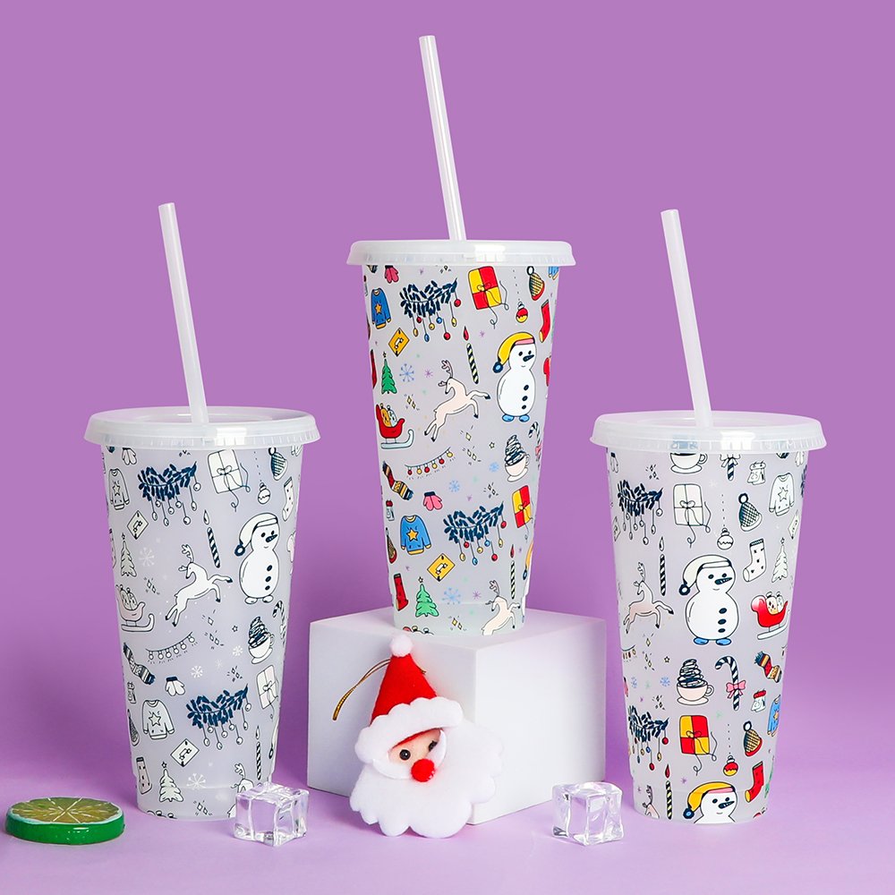 Custom Pp Drink Straw Reusable Colour Plastic Cold Color Changing Merry Christmas Gift Mug Cup