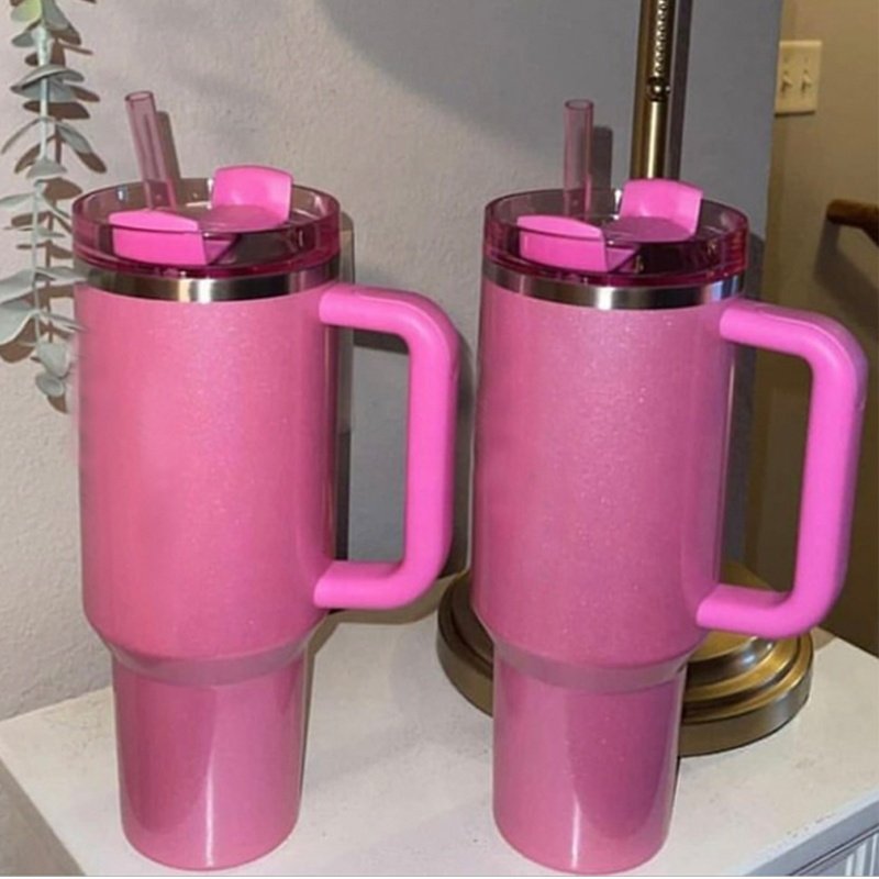 2024 40oz H2.0 Travel Adventure Winter Pink Tumbler Sublimation Glitter Shinny Stainless Steel Vacuum Mug With Handle