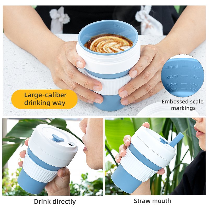 Customized Portable Foldable Collapsible Coffee Cup Silicone Coffee Mug Cup With Lids Travel Reusable Foldable Coffee Drink Cup