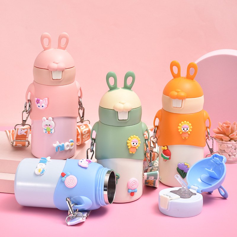 Cute rabbit shape 500ml children double wall vacuum thermos cup stainless steel insulated school kids water bottles with straw