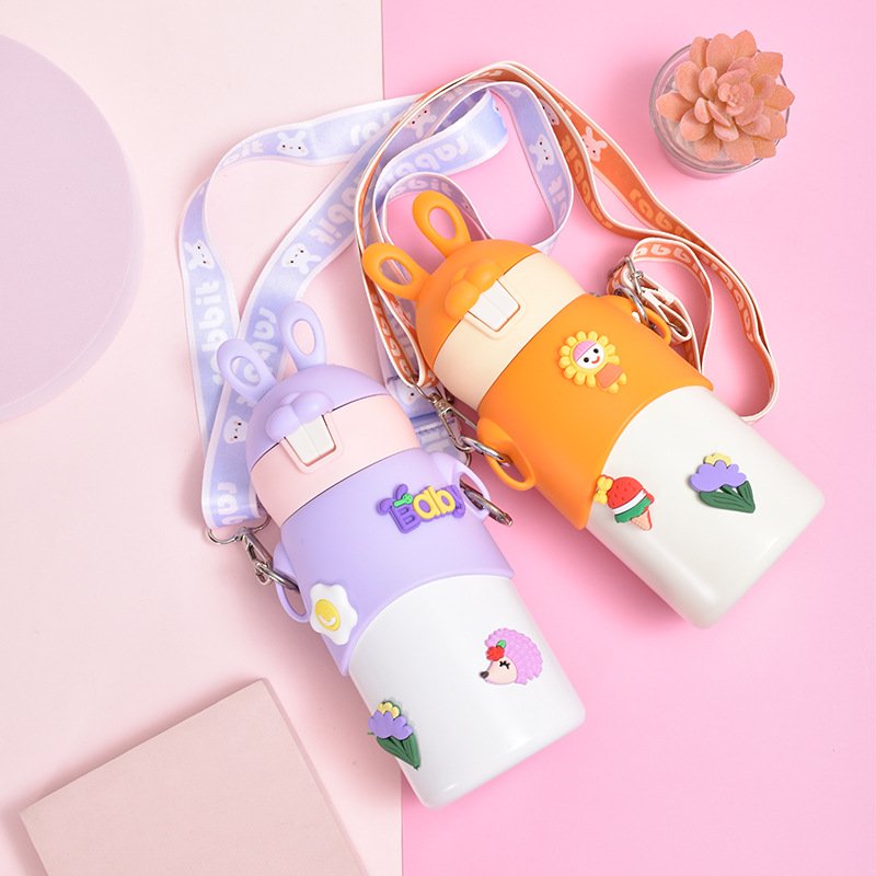 Cute rabbit shape 500ml children double wall vacuum thermos cup stainless steel insulated school kids water bottles with straw