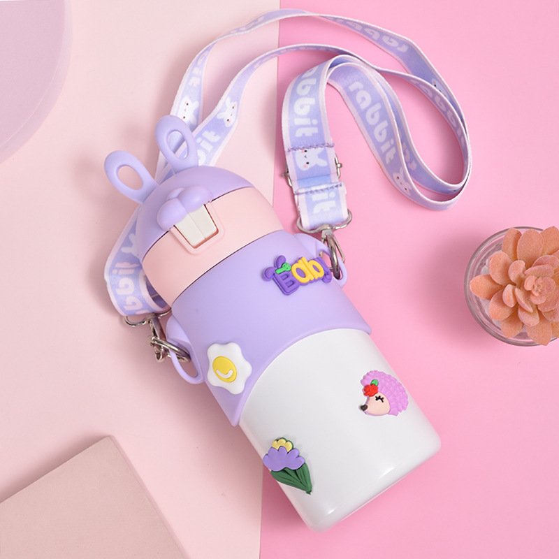 Cute rabbit shape 500ml children double wall vacuum thermos cup stainless steel insulated school kids water bottles with straw