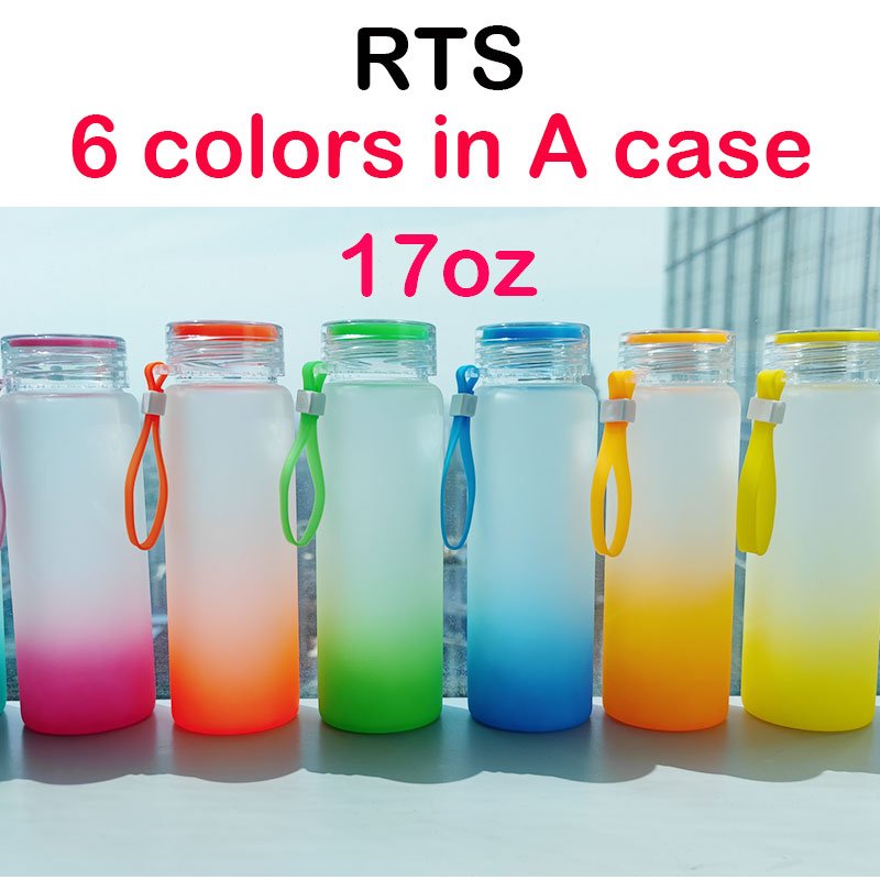 USA WAREHOUSE Outdoor Travel 17oz 500ml colorful with lid gradient frosted glass water bottle tumbler cups for sublimation