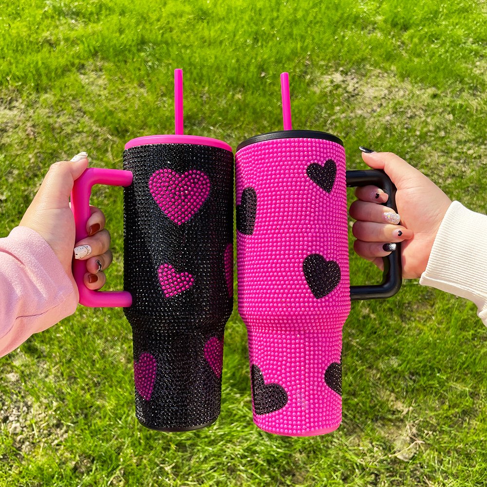 US warehouse 40oz hot pink black rhinestone shiny sparkle mug cup with handle diamond bling double wall vacuum insulated tumbler